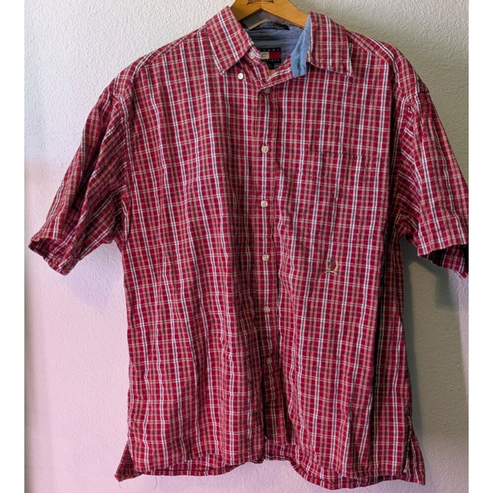 Tommy Hilfiger Men's Red Plaid Button Down Shirt Crest Logo Size XL (531)